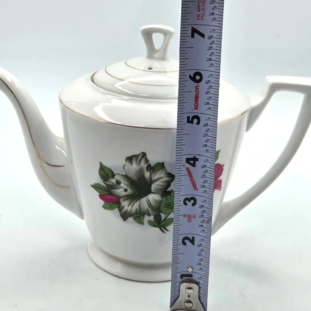 VINTAGE Porcelain Teapot Hibiscus Flowers Delicate Gold Trim